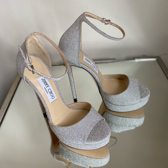 Jimmy Choo Max 150 Metallic Silver Glitter Fabric Platform Stiletto Sandals 39 - Picture 8 of 15